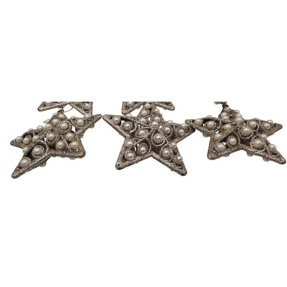 Glitter Christmas Ornaments Silver Gold‎ Tone Faux Pearl Beads 3D Set of Six